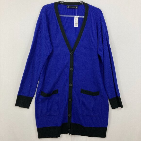 NWT New York & Company size XL Blue Black Rib Knit Button Long Cardigan Preppy - Picture 1 of 9
